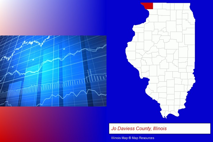 a financial chart; Jo Daviess County, Illinois highlighted in red on a map