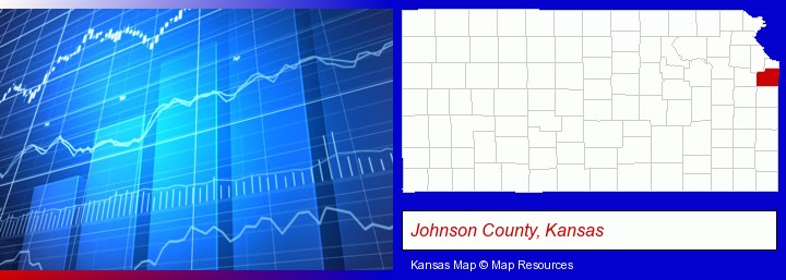 a financial chart; Johnson County, Kansas highlighted in red on a map