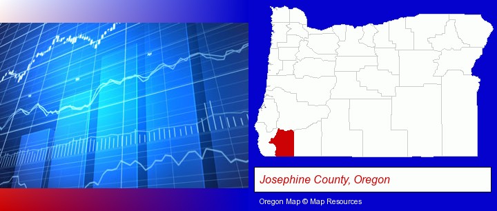 a financial chart; Josephine County, Oregon highlighted in red on a map