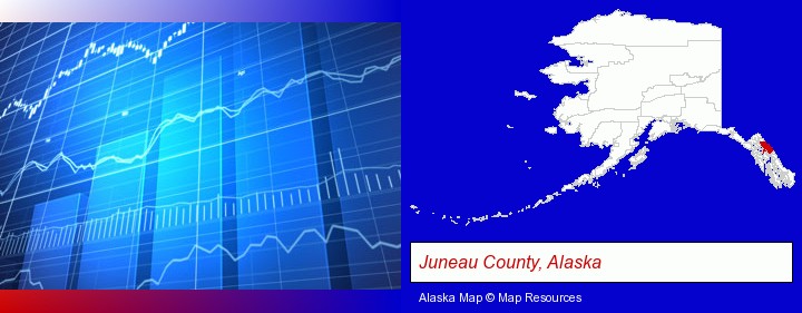 a financial chart; Juneau County, Alaska highlighted in red on a map