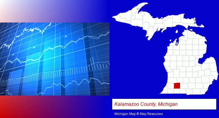 a financial chart; Kalamazoo County, Michigan highlighted in red on a map