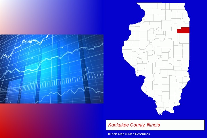 a financial chart; Kankakee County, Illinois highlighted in red on a map