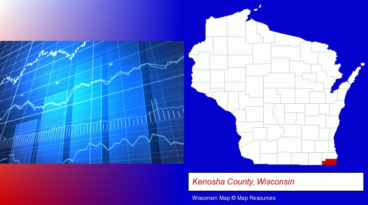 a financial chart; Kenosha County, Wisconsin highlighted in red on a map