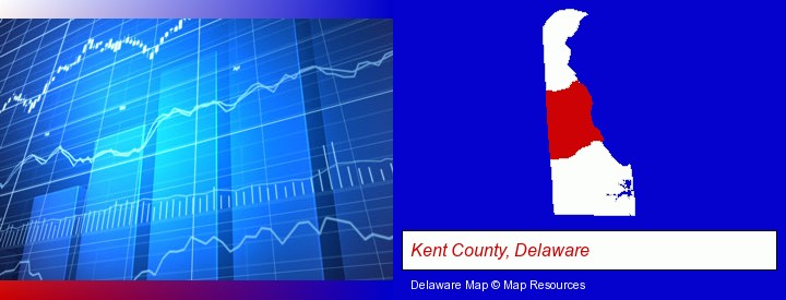 a financial chart; Kent County, Delaware highlighted in red on a map