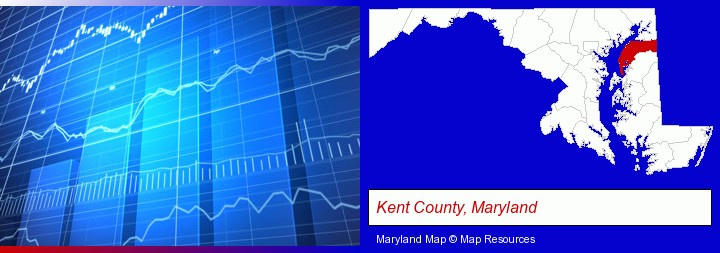 a financial chart; Kent County, Maryland highlighted in red on a map