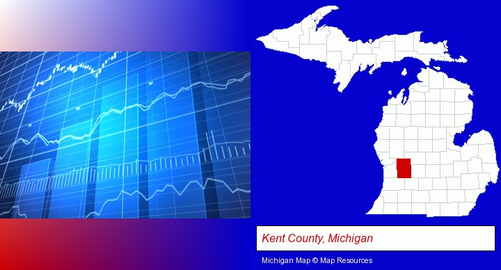 a financial chart; Kent County, Michigan highlighted in red on a map