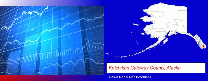 a financial chart; Ketchikan Gateway County, Alaska highlighted in red on a map
