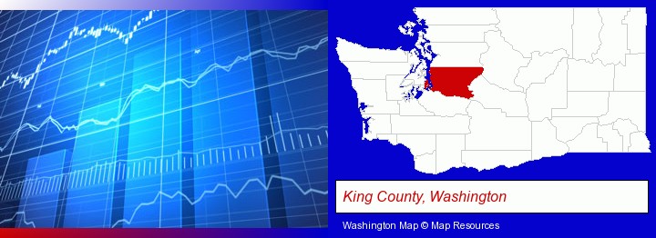 a financial chart; King County, Washington highlighted in red on a map
