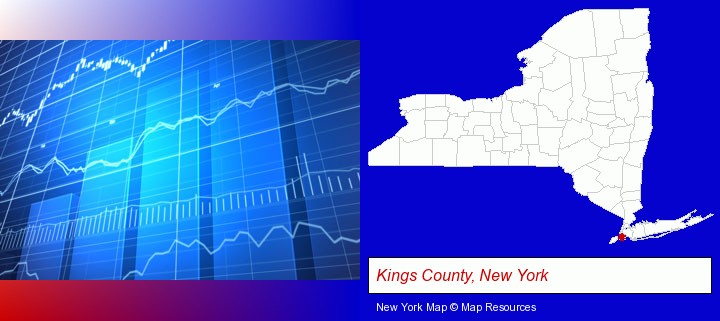 a financial chart; Kings County, New York highlighted in red on a map
