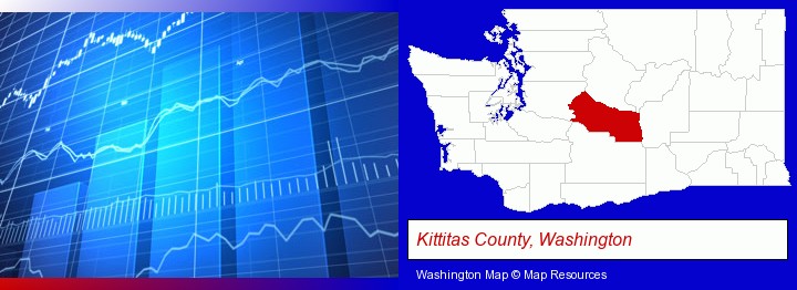 a financial chart; Kittitas County, Washington highlighted in red on a map