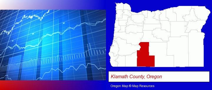 a financial chart; Klamath County, Oregon highlighted in red on a map
