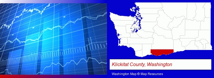 a financial chart; Klickitat County, Washington highlighted in red on a map