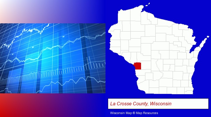 a financial chart; La Crosse County, Wisconsin highlighted in red on a map