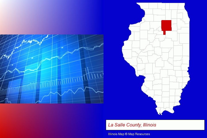a financial chart; La Salle County, Illinois highlighted in red on a map