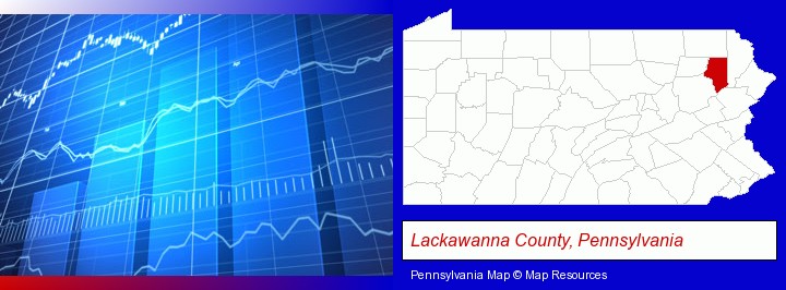 a financial chart; Lackawanna County, Pennsylvania highlighted in red on a map