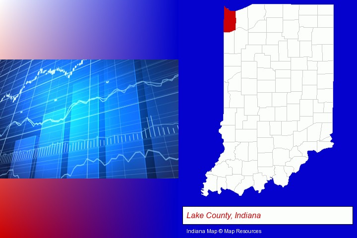 a financial chart; Lake County, Indiana highlighted in red on a map