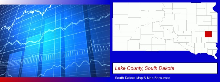 a financial chart; Lake County, South Dakota highlighted in red on a map