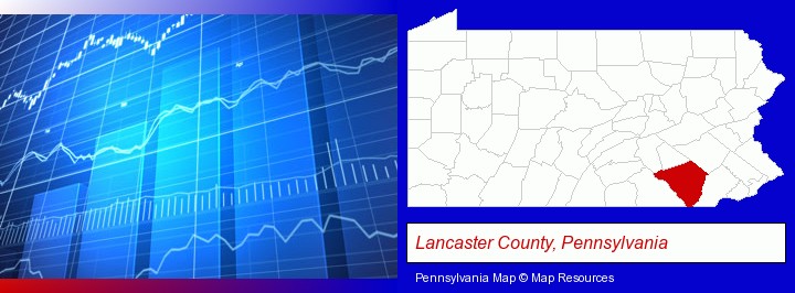 a financial chart; Lancaster County, Pennsylvania highlighted in red on a map
