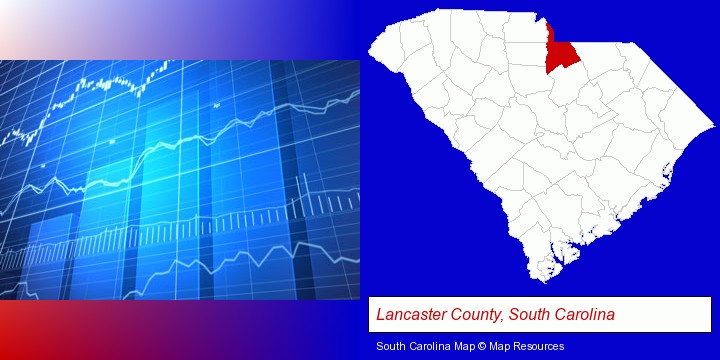 a financial chart; Lancaster County, South Carolina highlighted in red on a map
