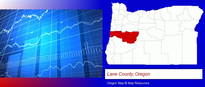 a financial chart; Lane County, Oregon highlighted in red on a map