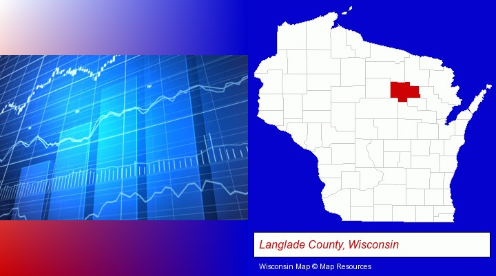a financial chart; Langlade County, Wisconsin highlighted in red on a map