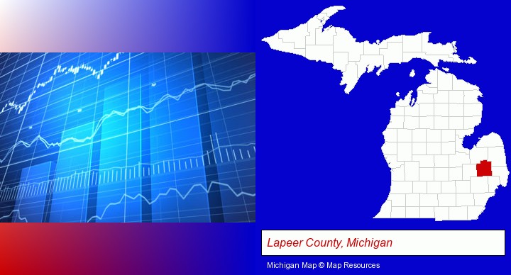 a financial chart; Lapeer County, Michigan highlighted in red on a map