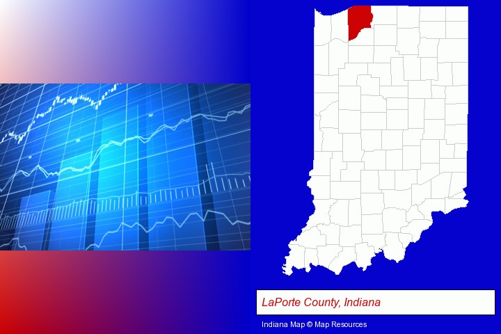 a financial chart; LaPorte County, Indiana highlighted in red on a map