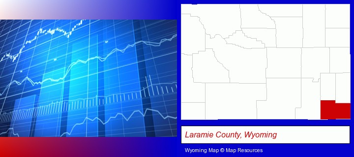 a financial chart; Laramie County, Wyoming highlighted in red on a map