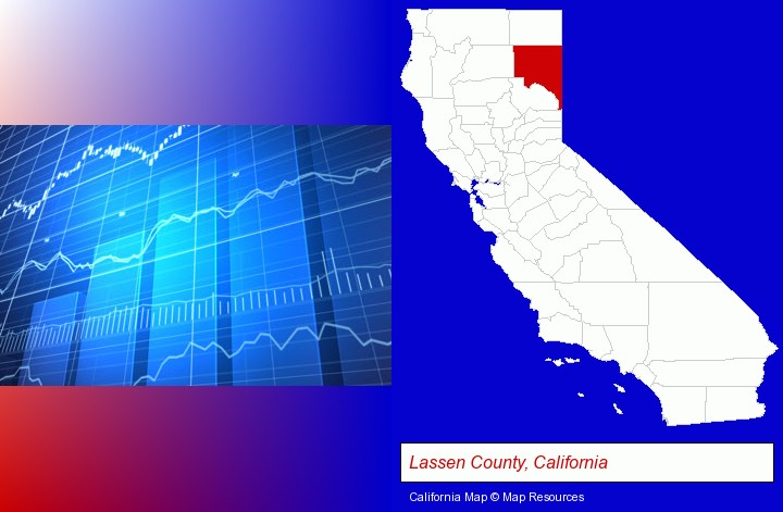 a financial chart; Lassen County, California highlighted in red on a map