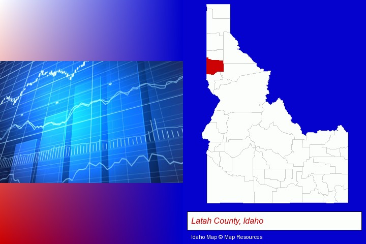 a financial chart; Latah County, Idaho highlighted in red on a map