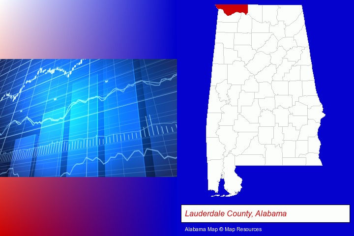 a financial chart; Lauderdale County, Alabama highlighted in red on a map