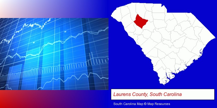 a financial chart; Laurens County, South Carolina highlighted in red on a map