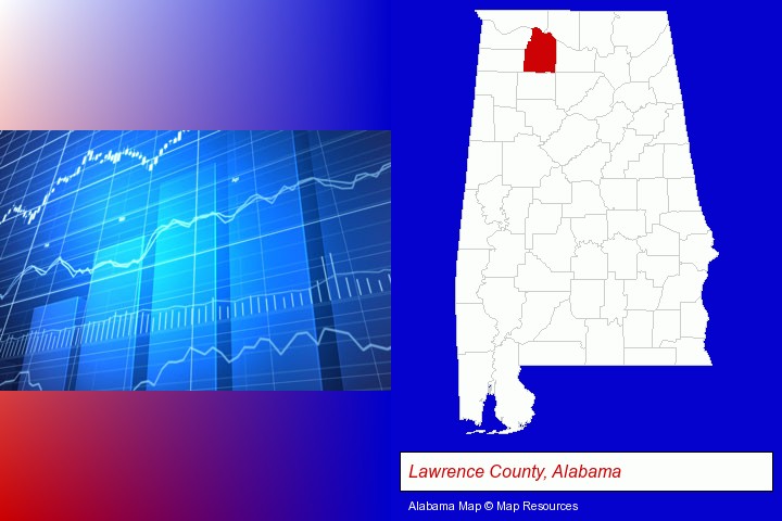 a financial chart; Lawrence County, Alabama highlighted in red on a map