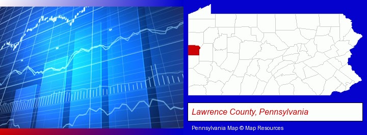 a financial chart; Lawrence County, Pennsylvania highlighted in red on a map