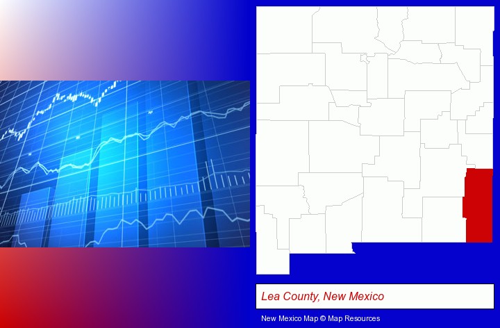 a financial chart; Lea County, New Mexico highlighted in red on a map
