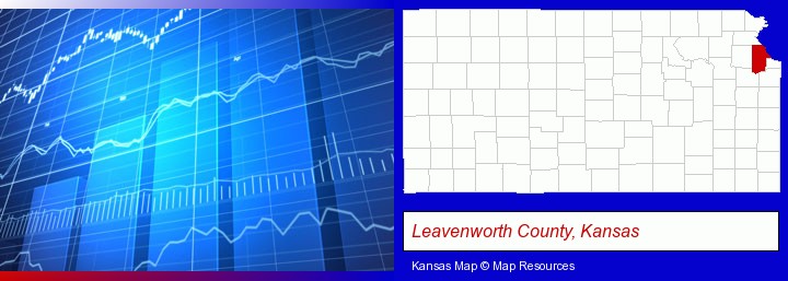 a financial chart; Leavenworth County, Kansas highlighted in red on a map