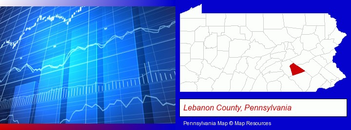 a financial chart; Lebanon County, Pennsylvania highlighted in red on a map