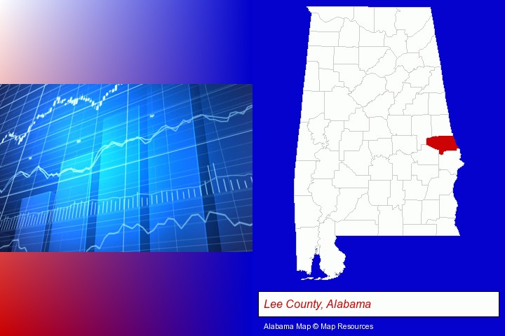 a financial chart; Lee County, Alabama highlighted in red on a map