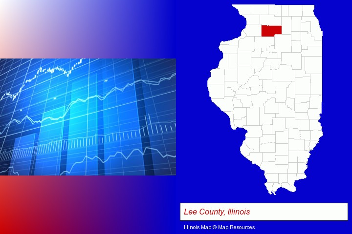 a financial chart; Lee County, Illinois highlighted in red on a map