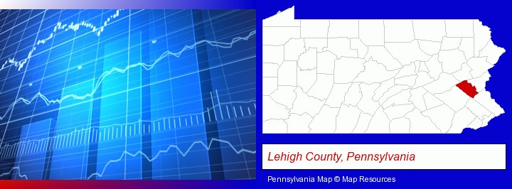 a financial chart; Lehigh County, Pennsylvania highlighted in red on a map