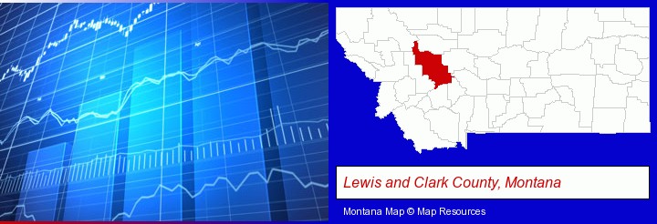a financial chart; Lewis and Clark County, Montana highlighted in red on a map