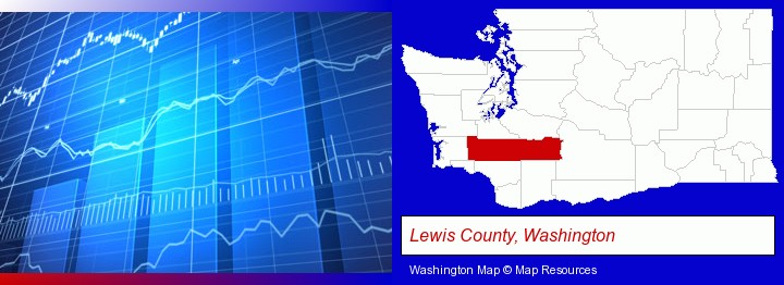 a financial chart; Lewis County, Washington highlighted in red on a map
