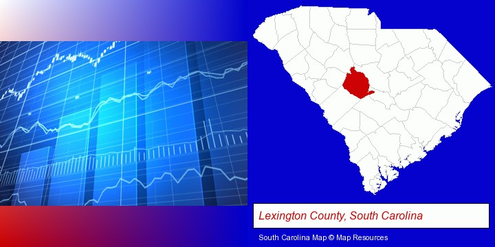 a financial chart; Lexington County, South Carolina highlighted in red on a map