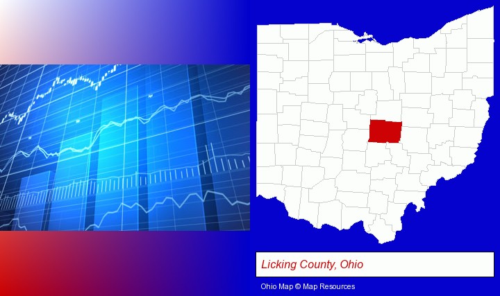 a financial chart; Licking County, Ohio highlighted in red on a map