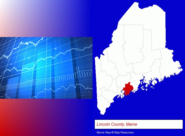 a financial chart; Lincoln County, Maine highlighted in red on a map