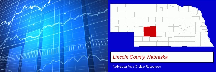 a financial chart; Lincoln County, Nebraska highlighted in red on a map
