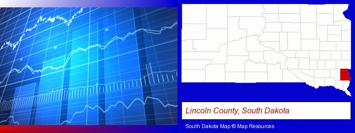 a financial chart; Lincoln County, South Dakota highlighted in red on a map
