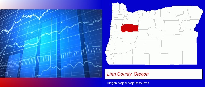 a financial chart; Linn County, Oregon highlighted in red on a map