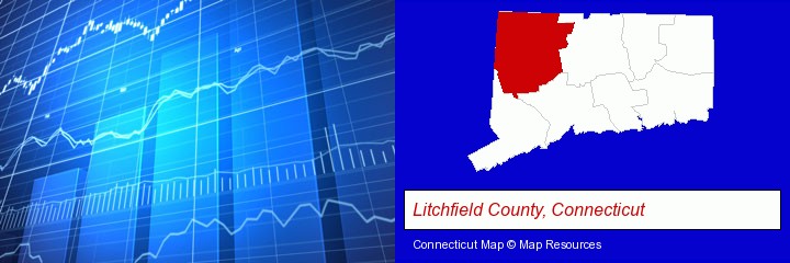 a financial chart; Litchfield County, Connecticut highlighted in red on a map