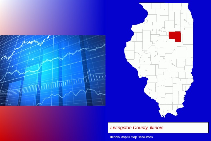 a financial chart; Livingston County, Illinois highlighted in red on a map